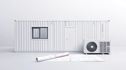 White shipping container with air conditioning unit and blueprints.