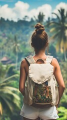 Captivating landscape view captured from behind a young traveler wearing a backpack, gazing into a lush tropical paradise filled with palm trees and serene beauty.