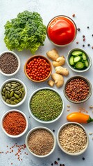 Colorful and vibrant assortment of fresh vegetables and nutritious grains arranged beautifully in bowls, perfect for healthy eating, meal prep, or vegetarian recipes.