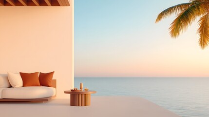 Modern coastal lounge with white sectional sofa and terracotta cushions, Round wooden coffee table on minimalist terrace, Panoramic ocean view with palm tree accent, Bright sunset ambience

