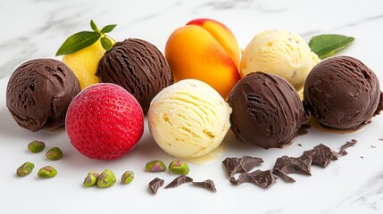 Deliciously vibrant scoops of chocolate, vanilla, and fruity ice cream, garnished with fresh fruits and nuts, perfect for summer delights and dessert lovers everywhere!