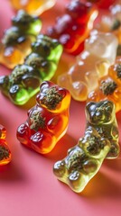 Colorful gummy bears infused with cannabis arranged artfully on a pink background, showcasing their vibrant hues of green, red, and orange while hinting at their playful nature.