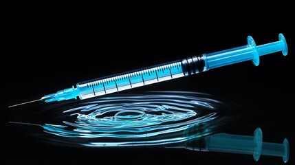 A close-up view of a blue syringe gracefully hovering above a calm surface of water, creating concentric ripples that enhance its pristine appearance and medical connotation.