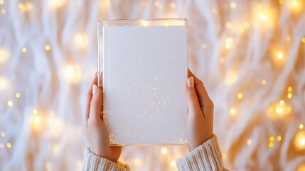 Magical winter reading moment: soft white book held by hands in cozy knit sweater against twinkling golden bokeh lights background, creating enchanting festive atmosphere