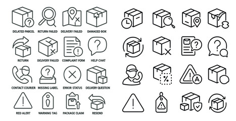 Set of icons for a delivery service. The icons include a box with a question mark, a box with a phone, a box with a red alert, a box with a man on the phone