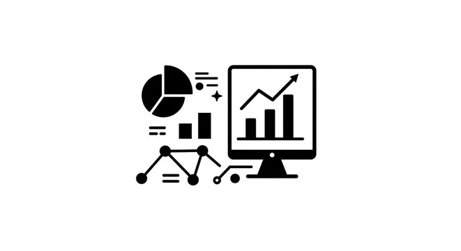A black and white icon showing a computer screen with a rising graph and other data visualizations near it - Powered by Adobe