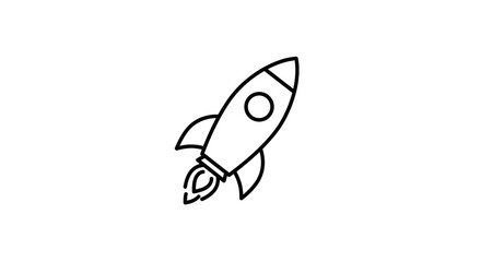 A simple black and white line drawing of a rocket ship launching into space on a white background