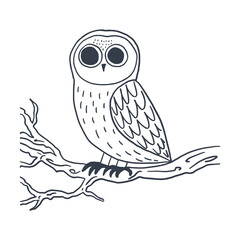 Cute owl in hand drawn style. Simple outlines, bird on a branch.