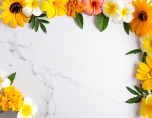 Obraz premium 大理石と黄色い花の明るい背景｜上品で華やかなサマーデザイン Bright Marble Background with Yellow Flowers | Elegant and Cheerful Summer Design