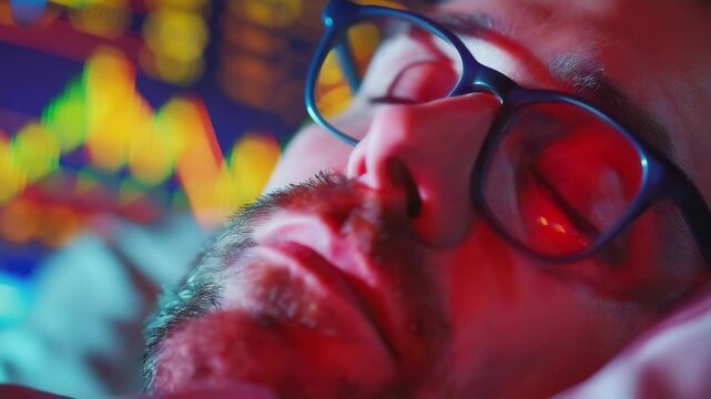Man wearing glasses lying on side and sleeping, dark room background, blurred lights indicative of cityscape or digital display. Modern urban life scene.