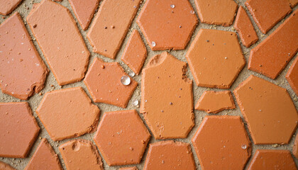 Textured terracotta hexagon tiles with droplets of water  