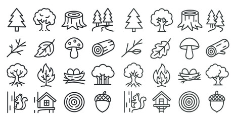 Collection of tree and leaf icons. The icons include a tree, a mushroom, a leaf, a house, a bird, a squirrel, a house, a tree, a leaf, a tree, a mushroom, a leaf, a tree