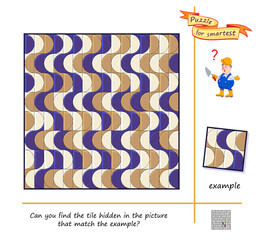 Can you find the tile hidden in the picture that match the example? Logic puzzle game for smartest. Develop spatial thinking. Task for attentiveness. Brain teaser book. Vector illustration.