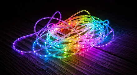 Colorful LED string lights tangled on wooden surface in darkness  