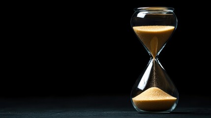 Clear hourglass with amber sand against black background