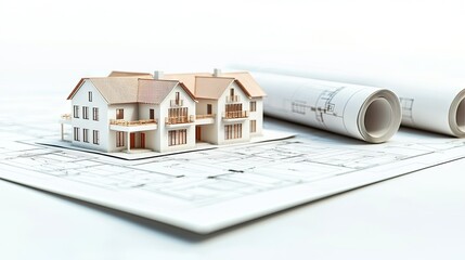 Model home sits atop architectural blueprints.