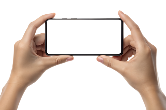 Hands Holding Smartphone with Blank Screen isolated on transparent background