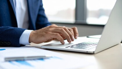 An office worker typing on a laptop keyboard with a business document and a ballpoint pen next to him