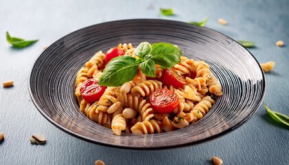 delicious rotini pasta with cherry tomatoes and pine nuts garnished with basil