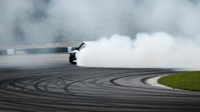 Car drifting on racetrack with smoke and tire marks  