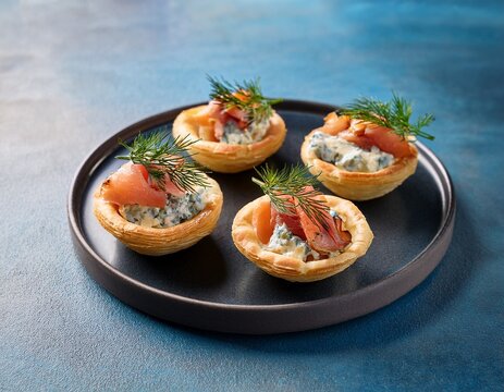 vol au vents topped with blue cheese smoked salmon crispy bacon and fresh dill garnish creating delicious appetizers