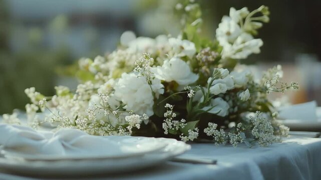 A beautifully arranged table setting with white flowers and greenery. Elegant plates and glassware complement the floral centerpiece, creating a serene dining atmosphere.