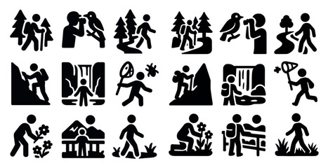 Collection of black and white icons depicting various outdoor activities such as hiking, fishing, and bird watching