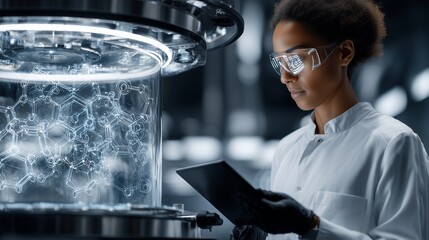 Scientist analyzing digital molecular structure on tablet, wearing protective lab attire, conducting advanced research in contemporary laboratory setting,Scientist analyzing