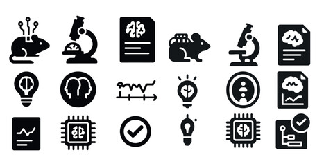 Collection of black and white icons that represent various scientific concepts. The icons include a brain, a computer, a clock, a light bulb, and a mouse