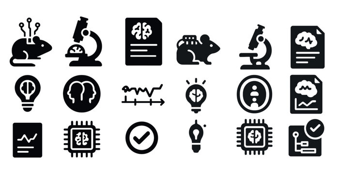 Collection of black and white icons that represent various scientific concepts. The icons include a brain, a computer, a clock, a light bulb, and a mouse