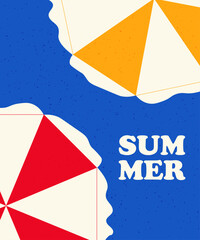summer banner, beach umbrellas on a blue background, grain texture, vector
