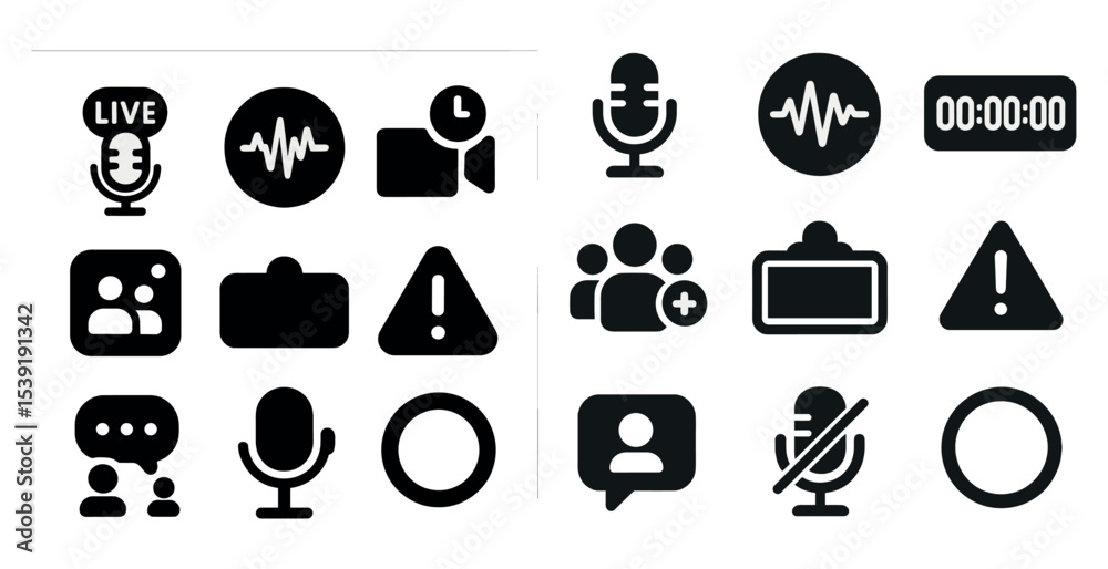 Poster collection of icons for various audio recording devices. the icons include a microphone, a camera, a