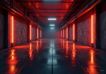 Red neon lights illuminating dark industrial hallway with wet tiled floor
