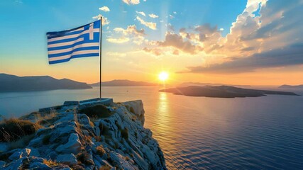 Greek Flag Waving on Cliff Over Sea at Sunrise - Powered by Adobe