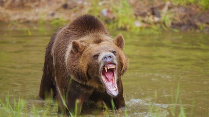 Wild brown bear, Ursus arctos, in its natural habitat, whether walking through the forest or in the water