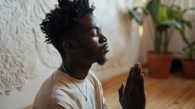 Man with beard and mustache kneeling in a room with decorative pillows, hands together in prayer or meditation pose.