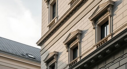 Building Facade with Windows and Architectural Details
