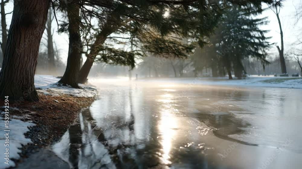 Poster a tranquil winter scene in a city park, with trees and ice covering a lake and fog rising on one sid