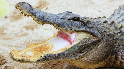 American alligators and crocodiles, dangerous reptiles with powerful jaws and sharp teeth, are wild predators of the water