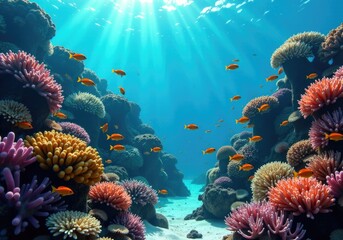 Obraz premium Colorful coral reef and tropical fish swimming in blue ocean