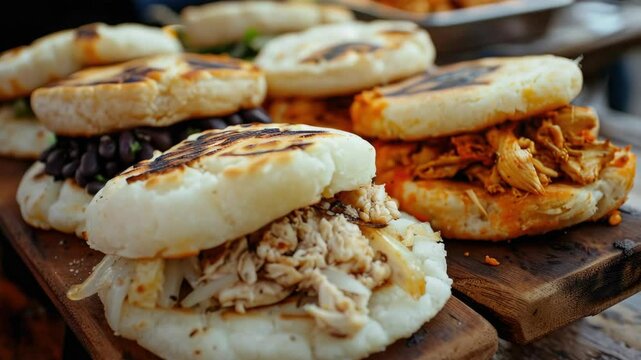 Freshly made flatbread sandwiches with a variety of fillings, served on wooden boards in an outdoor dining setting.