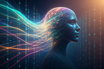 Digital Consciousness Woman's Profile with Flowing Data Stream