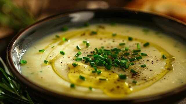 A bowl of garlic and olive oil dipping sauce, ready for dipping vegetables or bread.