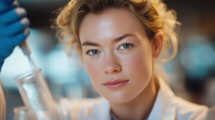 A woman focused on research in a chemistry lab with pipettes and test tubes