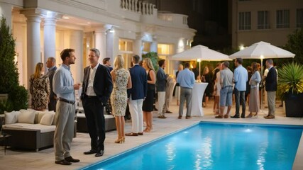 Elegant evening poolside networking event at luxury venue