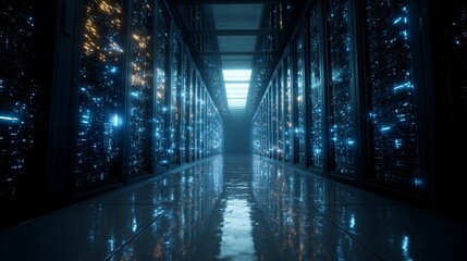 Futuristic data center in the metaverse. Concept for cloud computing, big data storage, and the technological infrastructure of the internet