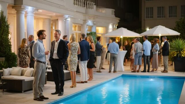 Elegant evening poolside networking event at luxury venue