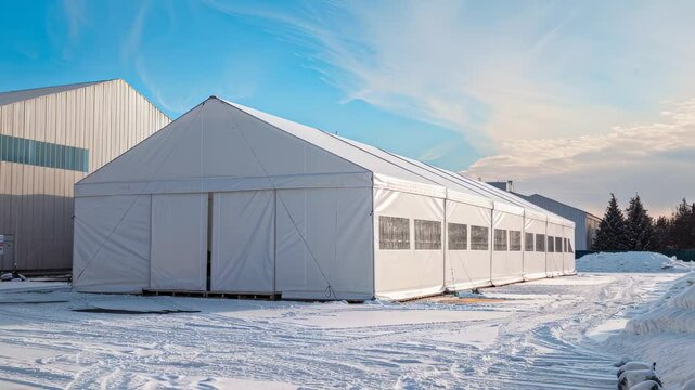A large, white tent stands starkly against a backdrop of snow-covered surroundings and a clear, cold sky. Captured in a realistic and descriptive photograph.