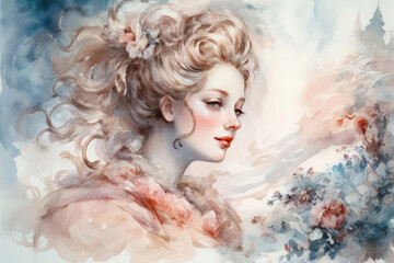 Fototapeta premium A watercolor portrait of a young woman in a romantic winter setting. Her delicate face with rosy cheeks is framed by lush light curls decorated with flowers. 