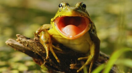 Green amphibian in its natural pond habitat, a small frog or toad on a leaf